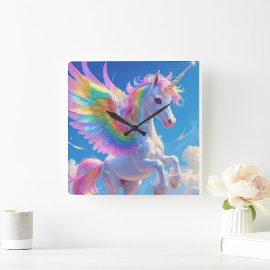 Rainbow Winged Prancing Unicorn Vierkante Klok (Huis)