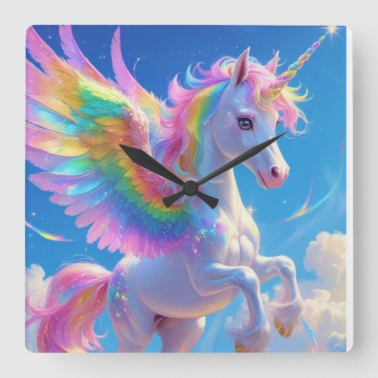 Rainbow Winged Prancing Unicorn Vierkante Klok (Voorkant)