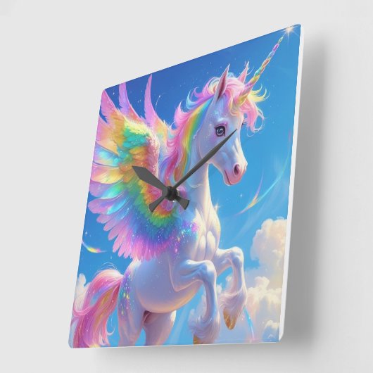 Rainbow Winged Prancing Unicorn Vierkante Klok (Hoek)