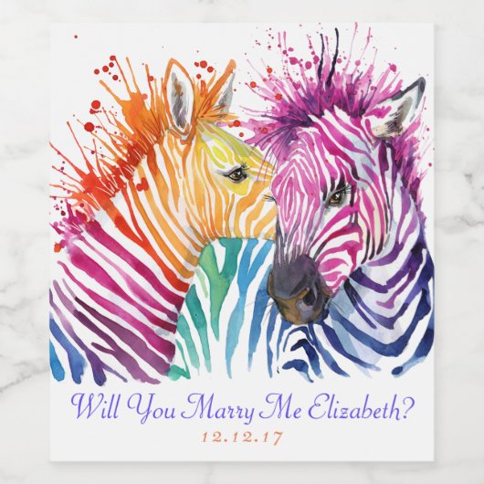 Rainbow Zebra Marry Me Wijnlabel Wijn Etiket (Enkel label)