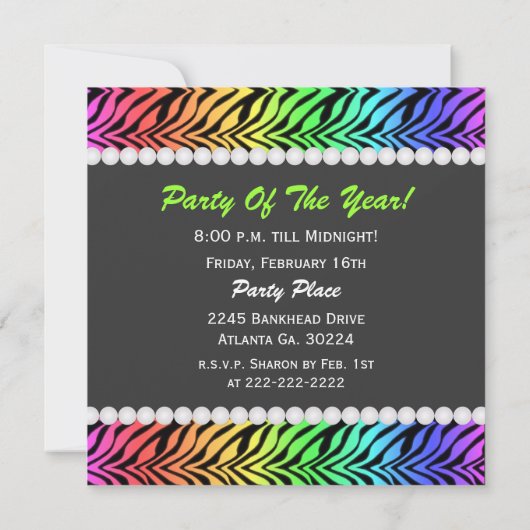 Rainbow Zebra & Pearl Birthday Invitation Kaart (Achterkant)