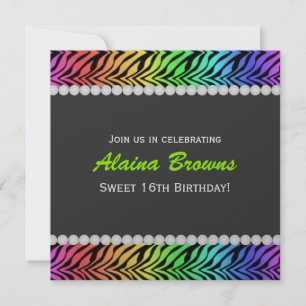 Rainbow Zebra & Pearl Birthday Invitation Kaart