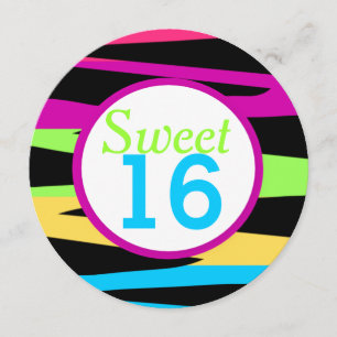 Rainbow Zebra Stripes Sweet Sixteen Birthday Party Kaart