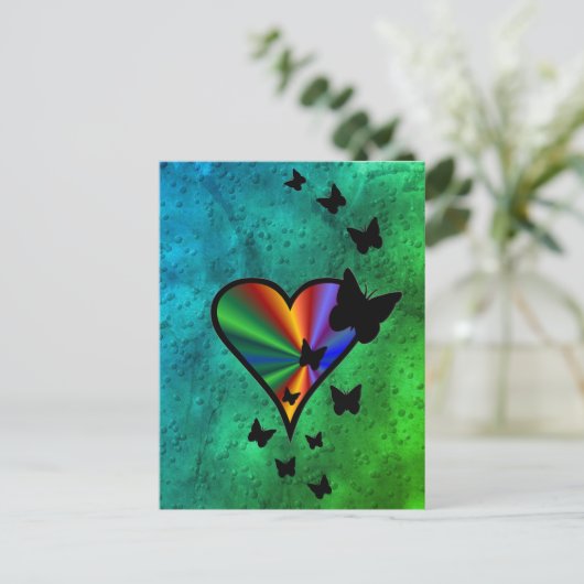 Rainboweart en vlinder briefkaart (Staand voorkant)