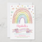 Rainbows and Hearts First Birthday Invite Pastel Kaart (Voorkant)