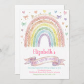 Rainbows and Hearts First Birthday Invite Pastel Kaart (Voorkant / Achterkant)