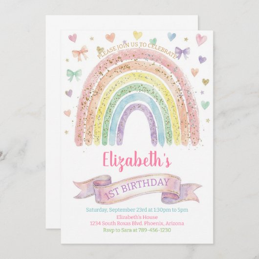 Rainbows and Hearts First Birthday Invite Pastel Kaart (Voorkant / Achterkant)