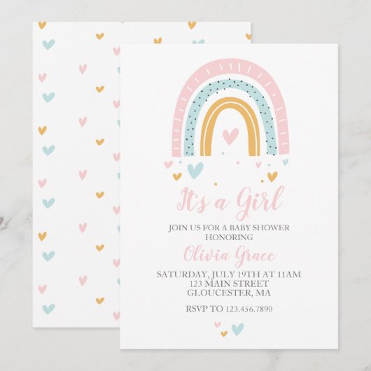 Rainbows and Hearts Girl Baby shower Pastel Kaart (Voorkant / Achterkant)