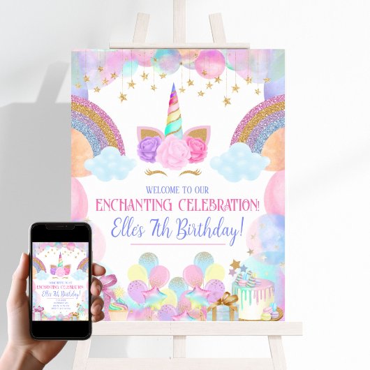 Rainbows and Unicorns Birthday Party Welcome Sign Poster