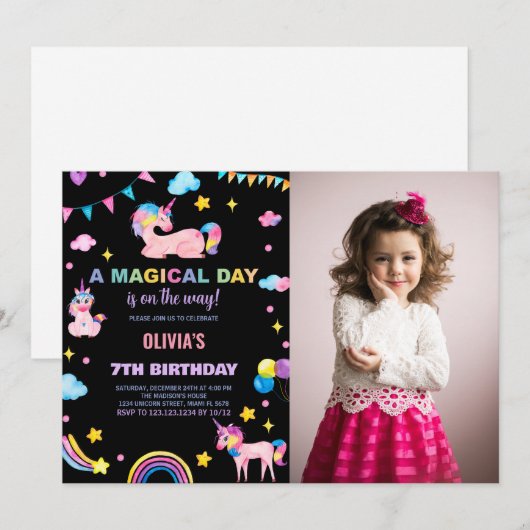 Rainbows Flags Unicorn Verjaardag Uitnodigingen Fo (Voorkant / Achterkant)