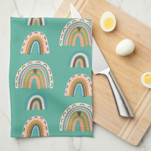 Rainbows hand-getekende doodle style Boho Scandi Theedoek (Quarter Fold)