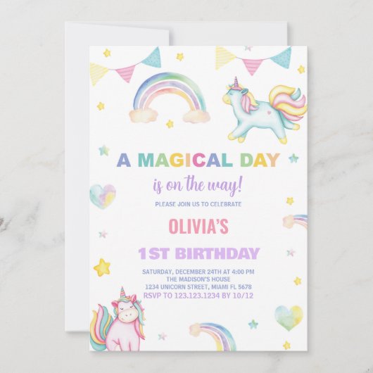 Rainbows Unicorn Verjaardag Uitnodigingen (Voorkant)