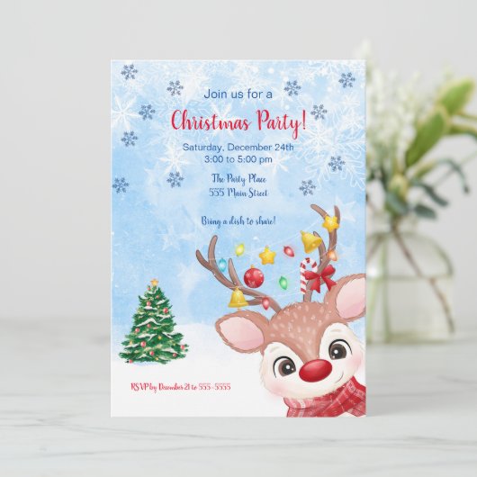 Raindeer waterverf kerstfeest uitnodiging (Staand voorkant)