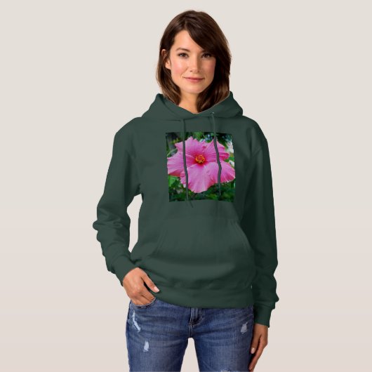 Raindrop Petals: Roze Hibiscus in een zachte douch Hoodie (Voorkant volledig)