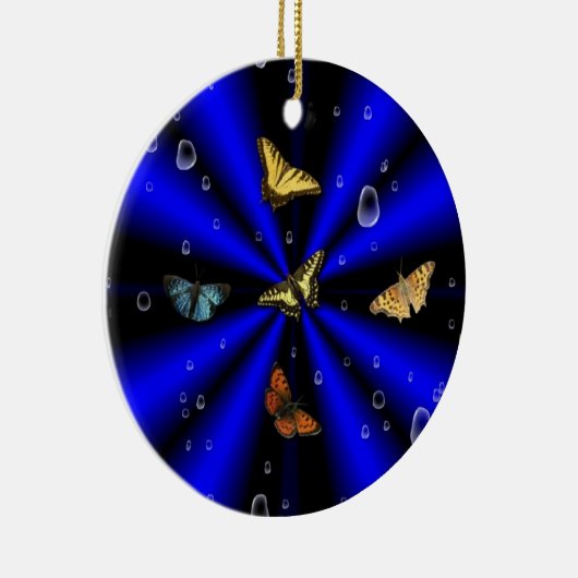 Raindrops en vlinder op zwart en blauw keramisch ornament (Rechts)