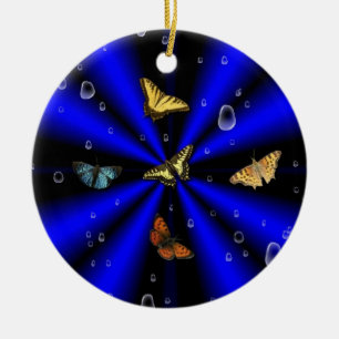 Raindrops en vlinder op zwart en blauw keramisch ornament
