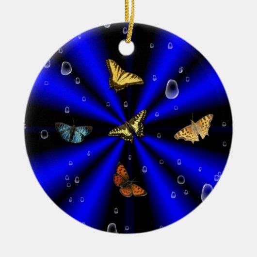 Raindrops en vlinder op zwart en blauw keramisch ornament (Voorkant)