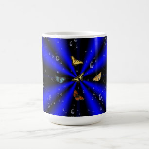 Raindrops en vlinder op zwart en blauw koffiemok