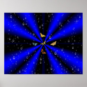 Raindrops en vlinder op zwart en blauw poster