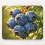 Raindrops on Ripe Blueberries Muismat<br><div class="desc">Ripe blueberries hang from a branch, adorned with dewdrops, while the sunlight casts a warm glow around their vibrant blue hue</div>