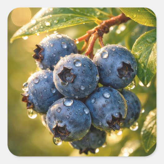 Raindrops on Ripe Blueberries Vierkante Sticker (Voorkant)