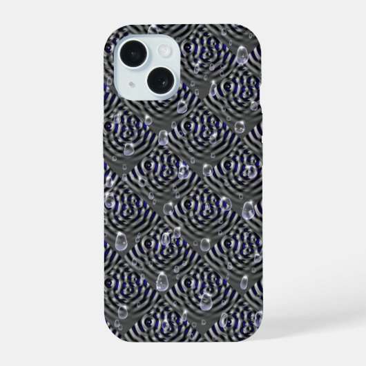 Raindrops op blauwe grijze metalen iPhone 15 case (Achterkant)
