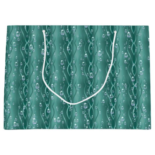 Raindrops op groen metaal groot cadeauzakje (Voorkant)