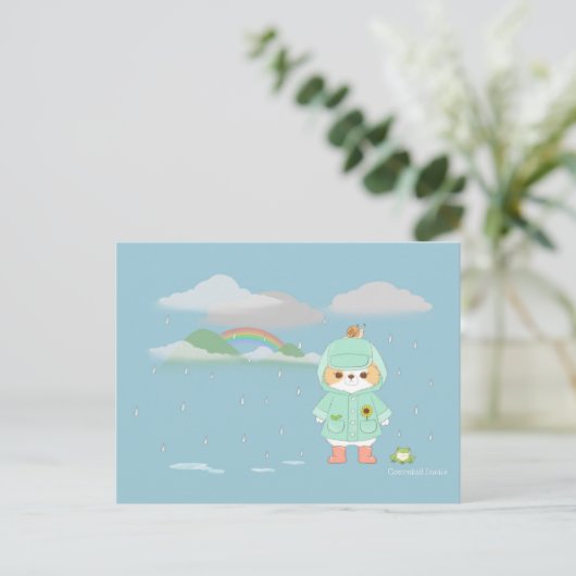 Rainey Day Mochi met een Blauwgroen Raincoat Frogg Briefkaart (Staand voorkant)