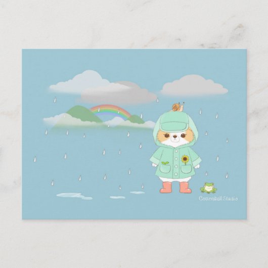 Rainey Day Mochi met een Blauwgroen Raincoat Frogg Briefkaart (Voorkant)
