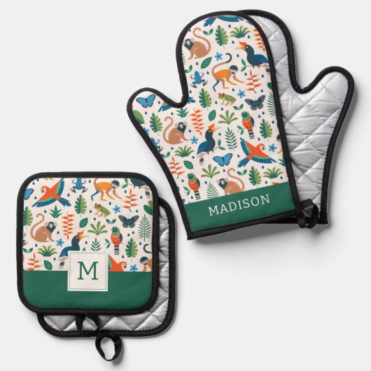 Rainforest Animal Pattern Ovenwant & Pannenlap Set (Voorkant / Achterkant)