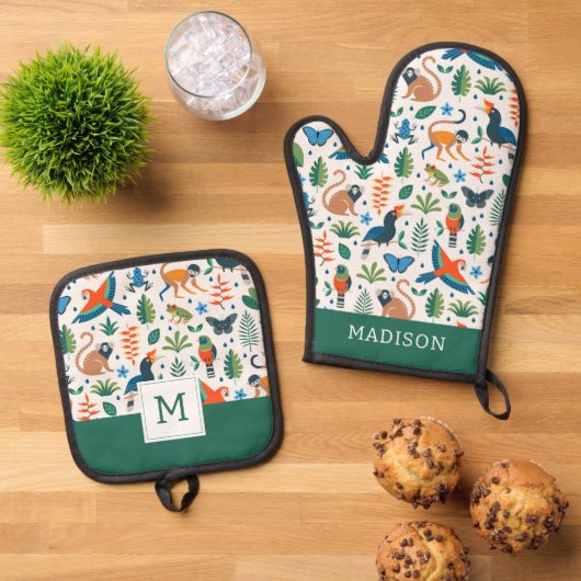 Rainforest Animal Pattern Ovenwant & Pannenlap Set (Top down)