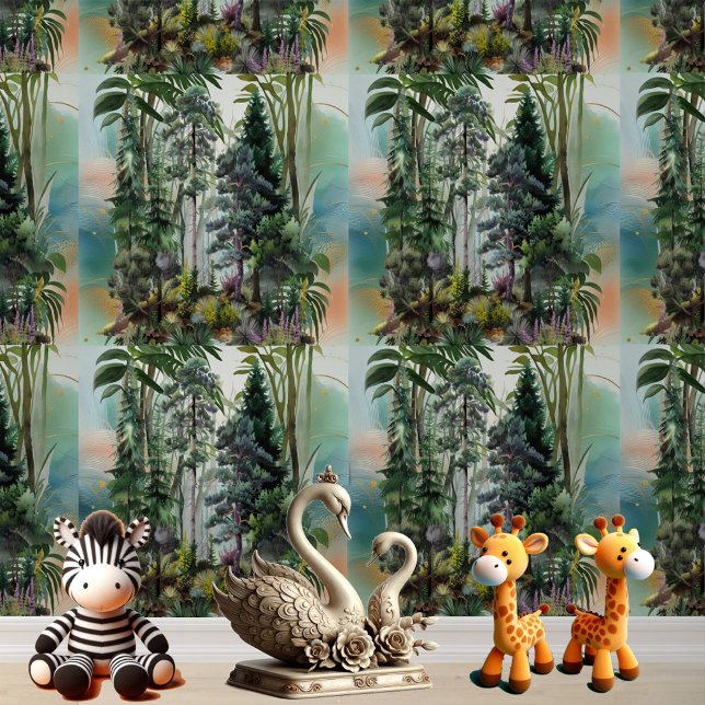 Rainforest Tall Trees Greenery Natuur Waterverf Behang (Rainforest Tall Trees Greenery Nature Watercolor Wallpaper
)