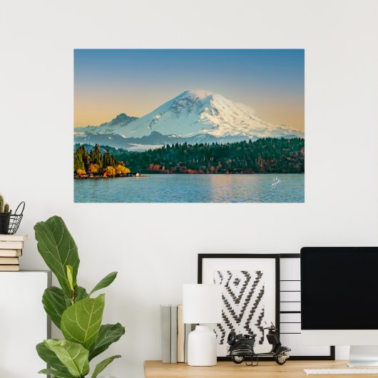 Rainier over het Washington Sunset Fine Art Poster (Thuiskantoor)