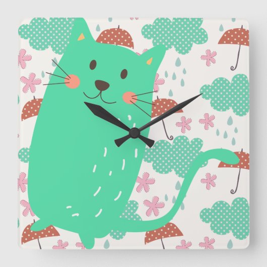 Raining Cats Vierkante Klok (Voorkant)