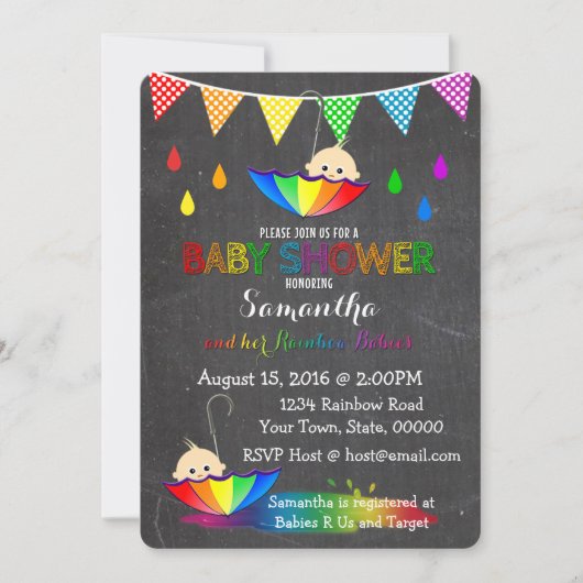 Raining Rainbow Babies Twin Baby shower Invitation Kaart (Voorkant)