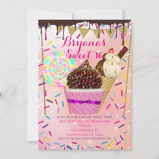 Raining Sprinkles Snoep Land Sweet 16 Uitnodiginge Kaart (Voorkant)