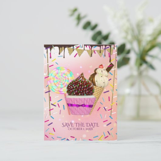 Raining Sprinkles Snoep Land Sweets Save the Date Aankondigingskaart (Staand voorkant)