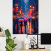 Rainy City Night met paraplu's in het impressionis Poster (Thuiskantoor)