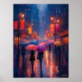 Rainy City Night met paraplu's in het impressionis Poster (Voorkant)