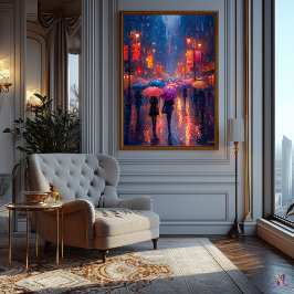 Rainy City Night met paraplu's in het impressionis Poster