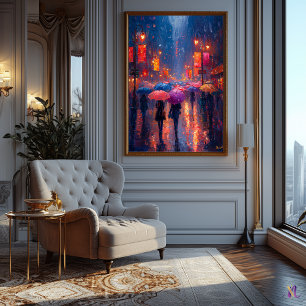 Rainy City Night met paraplu's in het impressionis Poster