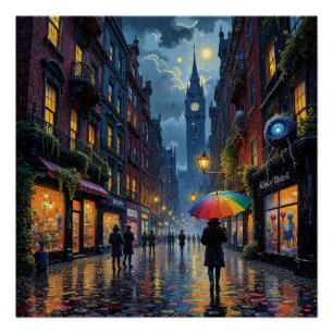 Rainy City Night Walk - Reflecties en paraplu kuns Perfect Poster