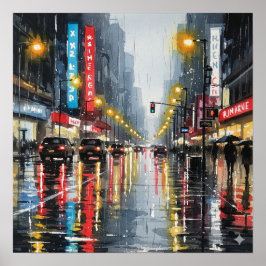 Rainy City Street Waterverf Poster