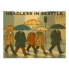 Rainy City Walkers with Umbrella Heads Seattle Art Foto Afdruk