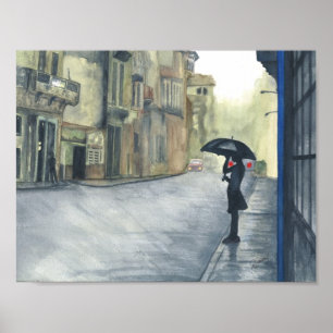 Rainy City Woman Waterverf Poster