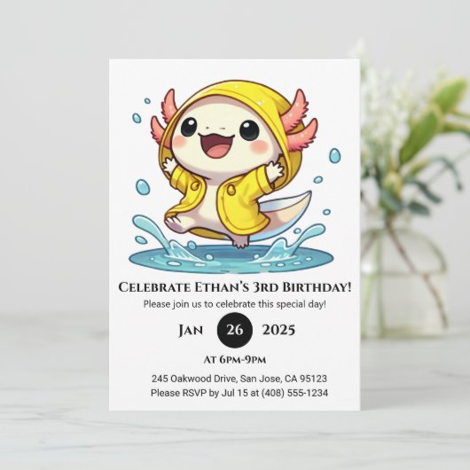 Rainy Day Axolotl Birthday Kaart (Staand voorkant)