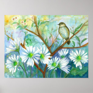 Rainy Day Bird Daisy Flower Garden Waterverf Poster