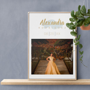 Rainy Day Blue & Gold Photo Quinceanera Poster
