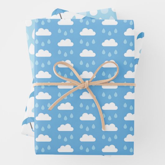 Rainy Day Blues Wolken, Paraplu's en Regen Drops Inpakpapier Vel (In situ)