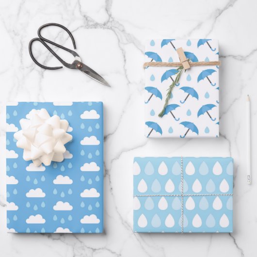 Rainy Day Blues Wolken, Paraplu's en Regen Drops Inpakpapier Vel (Voorkant)